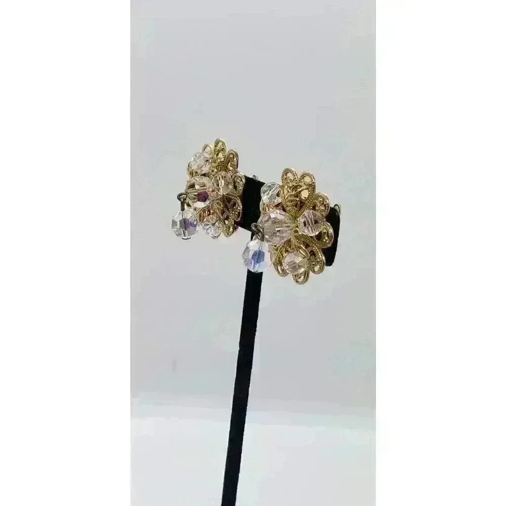 Vintage Earrings Clip Gold Filigree AB Crystal Dangle Soft Touch 1950 Fancy